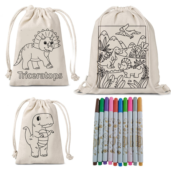 Drawstring Bags - Dinosaur-Colouring In Bags - Khoki's -13-Piece Set