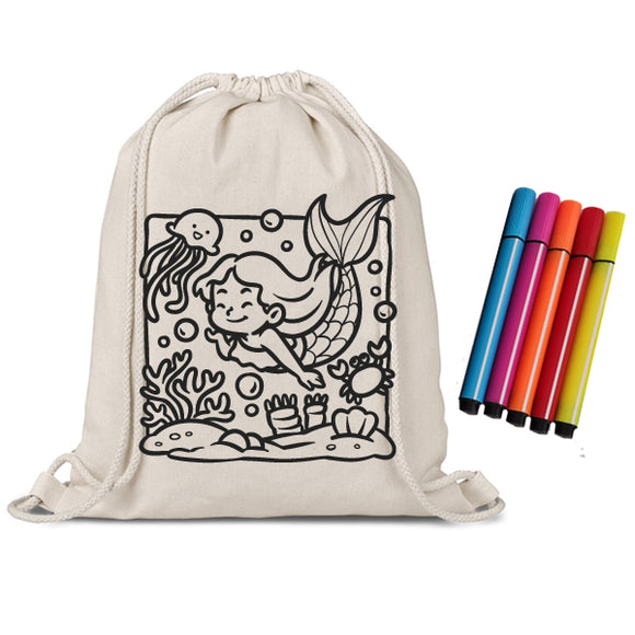 Mermaid-Drawstring Bags - Colouring In Bags - Markers -6-Piece Set