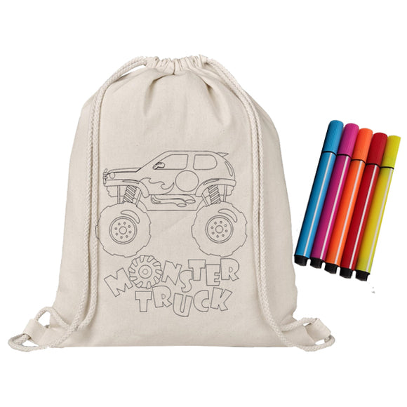 Monster Truck-Drawstring Bag - Colouring In Bags - Markers -6-Piece Set