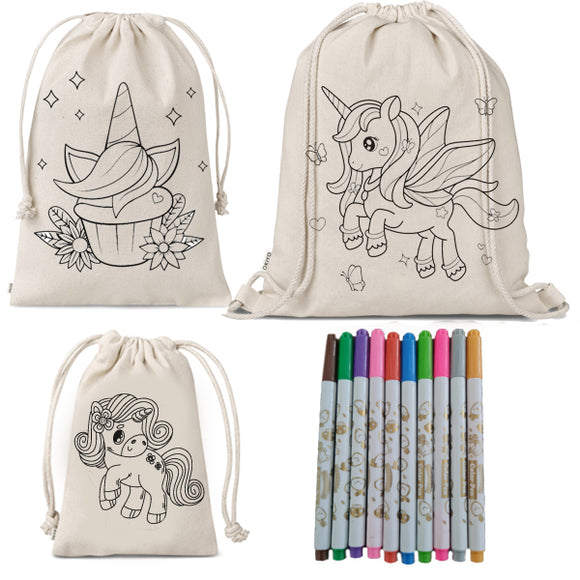 Drawstring Bags - Unicorn-Colouring In Bags - Khoki's -13-Piece Set