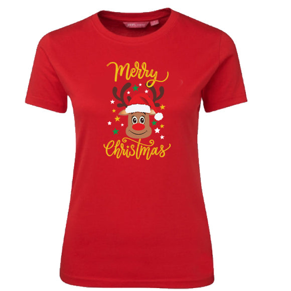 Christmas-Merry Christmas Reindeer T-Shirt - Ladies